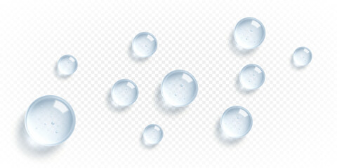 Transparent cosmetic serum drops. Clear gel droplets. Moisturizing cosmetic product. Hyaluronic acid. Vector illustration