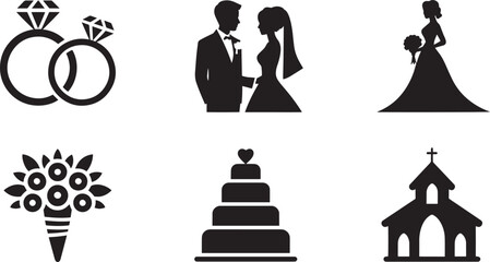 Elegant Nuptial Elements Vector Set Rings Couple Bride Bouquet Cake Church Silhouette