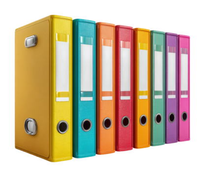 Organizing office supplies colorful binders on a shelf workspace bright environment isolated on transparent background