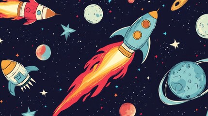 a cheerful outer space illustration featuring childlike rocket ships with bold, sketchy lines, leaving vibrant flame trails as they zoom through a playful galaxy whimsical ufos and small satellites