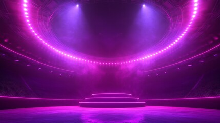 a cinematic stage setup with a multi-tiered round podium, outlined by pulsating neon accents the immersive arena setting features a sweeping curved ceiling, reflecting ambient stadium lights thick