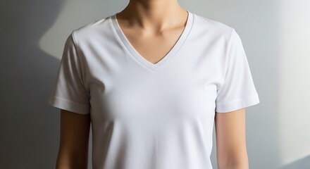 Close-up of a person wearing a plain white v-neck t-shirt against a gray wall.