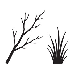 Fototapeta premium Simple Black Silhouette: Branch and Grass, Minimalist Nature Design, Vector Illustration