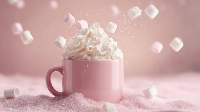 Elegant pink mug filled with creamy whipped topping and falling marshmallows on pastel backdrop
