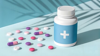 White bottle with a blue label and scattered pills promoting health and wellness