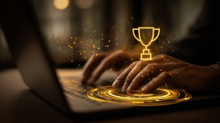Golden trophy emerging from laptop keyboard symbolizing digital achievement and online success