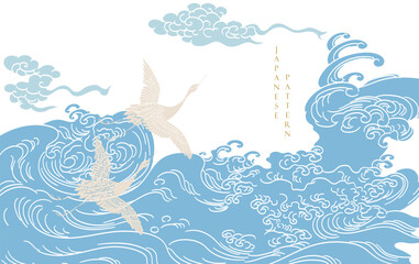 Japanese background with crane birds or herons element vector. Hand drawn wave chinese cloud decorations in vintage style. 