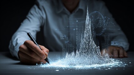 Professional creating glowing digital data visualization with pen showing statistical distribution