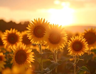 Obraz premium Sunflowers bathed in golden sunset light