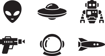 Extraterrestrial Encounter Icons Set Alien Spaceship Robot Raygun Astronaut Helmet Rocket Silhouette Design