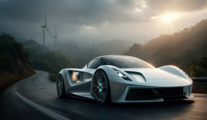 futuristic electric car driving on a road with wind turbines