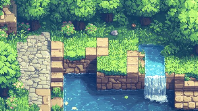 a meticulously crafted pixel art platformer tile set featuring seamless texture blocks of natural terrain earthy soil, lush grass, rugged stone, and flowing water tiles are designed with precise