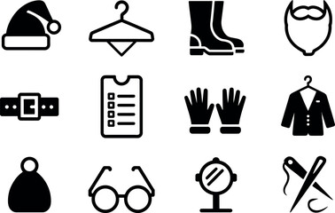 Bold Black Glyph Icons: Clothing, Accessories, and Grooming Symbols