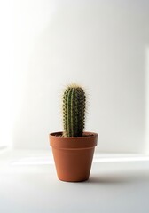 Green Cactus Plant in Small Terracotta Pot on White Surface in Bright Natural Light
