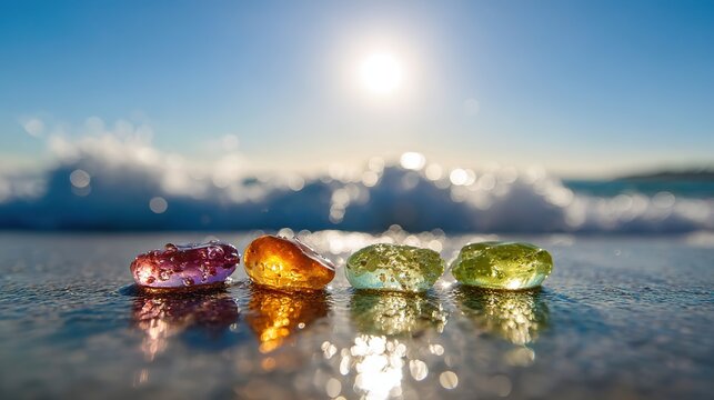Four orange, pink, green, and yellow luminous glass stones located on the beach with blue sea, white sand, blue sky, and golden sun; Quiet and peaceful.