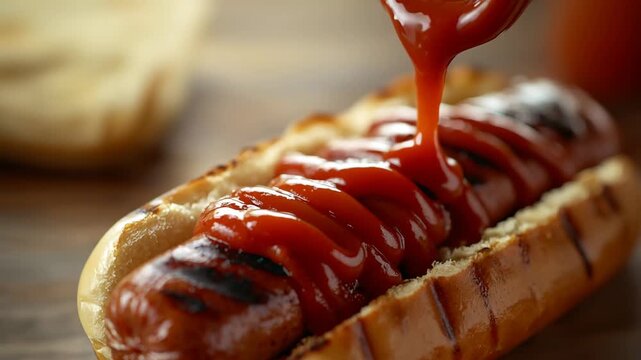 Grilled sausage in toasted bun with ketchup sauce poured close up, delicious fast food meal featuring savory food, rich textures, and appetizing sauce for casual dining enjoyment