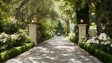 Elegant driveway lined with lush greenery and a cream-colored gate.