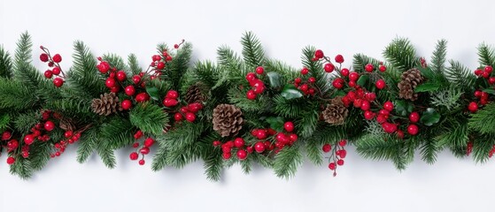 The festive garland adorned with pine cones and vibrant red berries.