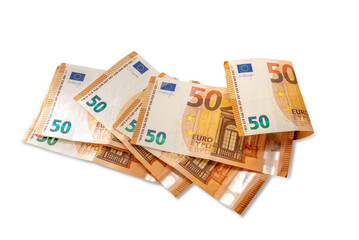 50 fifty euro banknotes in top view isolated