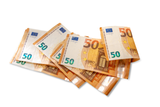 50 fifty euro banknotes in top view isolated