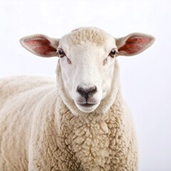 Fototapeta premium Close-up portrait of a fluffy white sheep against a bright background