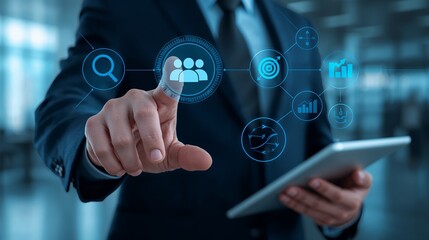 Businessman interacting with digital interface displaying human resources icons