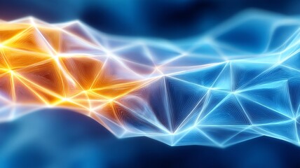 Glowing abstract geometric network with orange and blue light patterns on a dark background