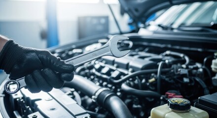 Auto mechanic's hand holds wrench over open car engine bay