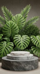 Fototapeta premium Tropical paradise display with marble pedestal and lush greenery