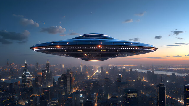 A ufo hovering over a city skyline at dusk with lights and clouds in the background and clear skies - Powered by Adobe