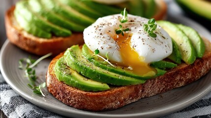 Avocado toast topped with a poached egg, seasoning, and sprouts