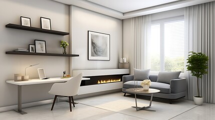 Luxury studio apartment interior design with minimalist stone-grey sectional, floating corner desk with chair and laptop beside candle, 3D Illustrations. 3D Rendering,