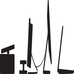 Vector art of black silhouette of a computer, laptop, keyboard and mouse on a light background, representing technology