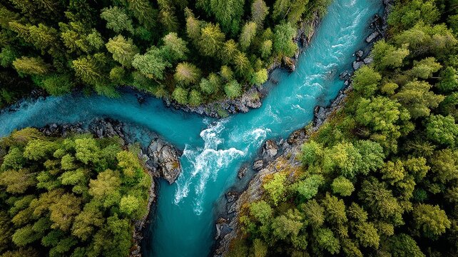 Vibrant turquoise river flowing through lush green dense forest canopy seen from above