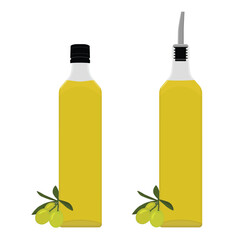 Bottle of fresh olive oil and olives with leaves on white background