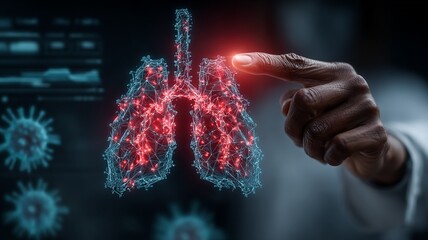 Abstract glowing lungs diagram with a hand pointing human anatomy medical