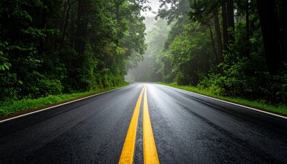 Fototapeta premium Asphalt Road Through Misty Forest with Yellow Line