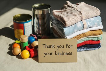 Heartwarming donation stack shows canned goods, clothes, and toys with thanks for kindness