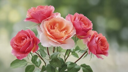 Fototapeta premium A bouquet of six lush pink and peach roses with green leaves on a blurred background