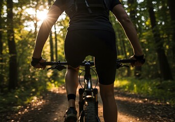 Naklejka premium Backlit shot of a woman mountain biking through a sunlit forest trail