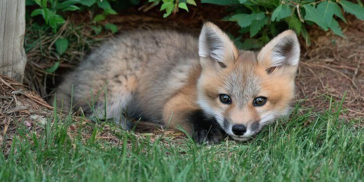 A fox kit rolling out of its den into the morning grass