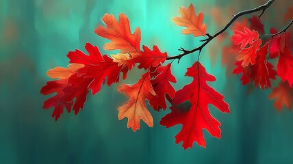 Red and orange oak leaves on a branch against a soft teal background Autumn