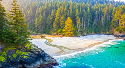 Serene Coastal Landscape with Lush Forest and Tranquil Waters