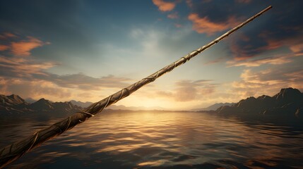 A narwhal tusk stretches across a tranquil waterscape at sunset, creating a magical scene.