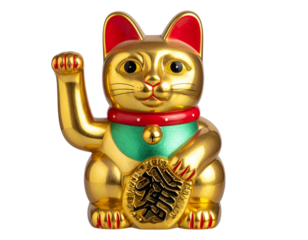Golden Feng Shui Fortune Cat with Raised Left Paw, isolated on transparent background PNG