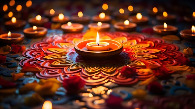 Glowing candles and colorful mandala create a warm and festive Diwali celebration.