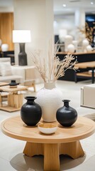 A stylish home decor section inside a furniture shop, showcasing elegant vases, lamps, and minimalist furniture, clean and professional composition, copy space, stock photography