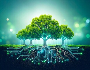 Lush trees with glowing, interconnected roots, suggesting a blend of nature and technology