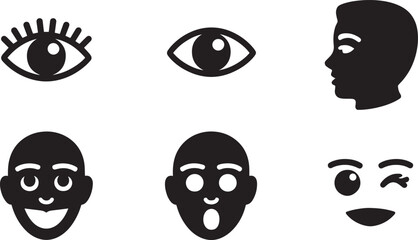 Silhouette Face and Eye Collection Vector Illustration Set Depicting Various Expressions on Transparent Background