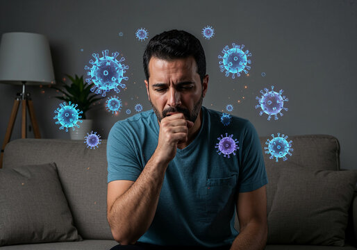 Man suffering from persistent cough surrounded by virus illustration, representing respiratory illness and infection symptoms
